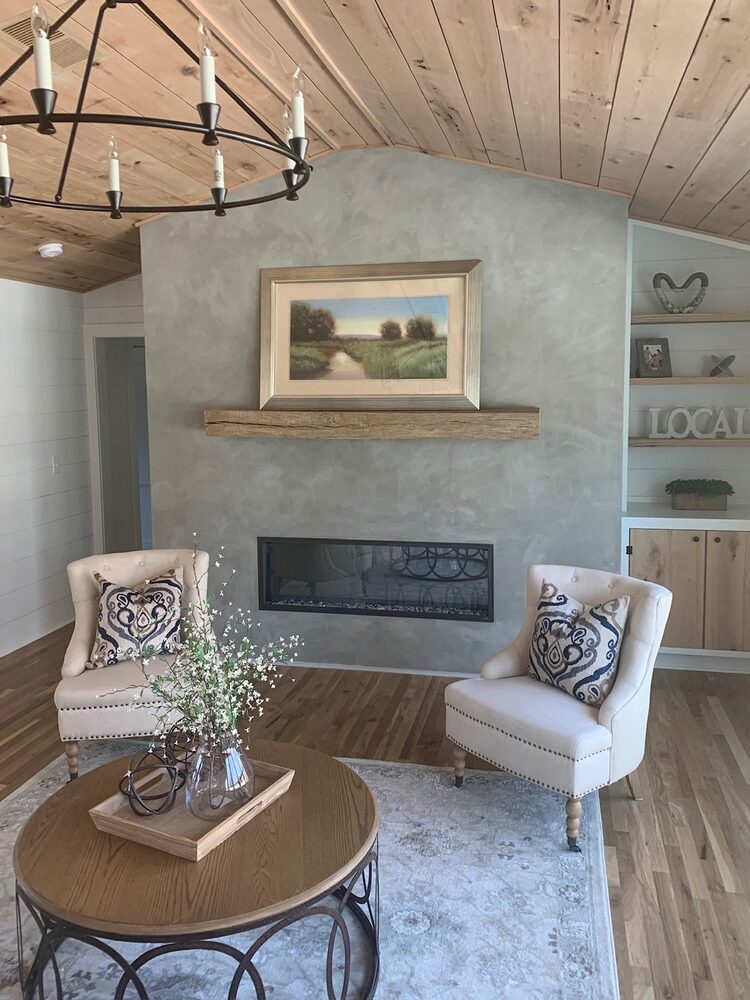 Fireplace surround in Brentwood finished in hand-troweled Velluto microcement